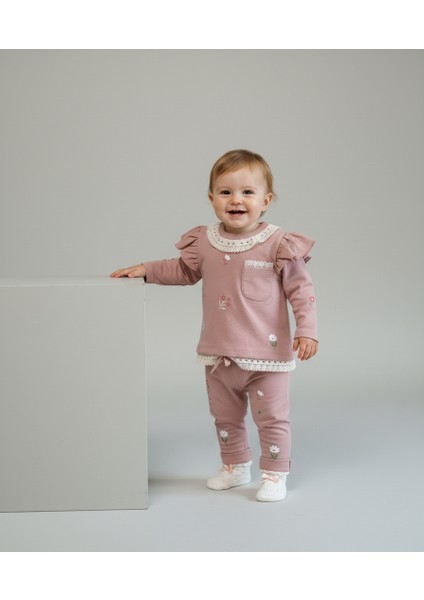 Çiçek Baskılı Dantelli 2'li Kız Bebek Takım
