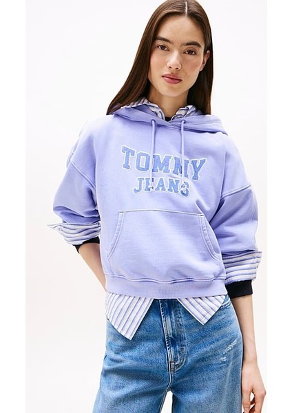 Kadın Boxy Fit Cropped Kapüşonlu Sweatshirt - Lila