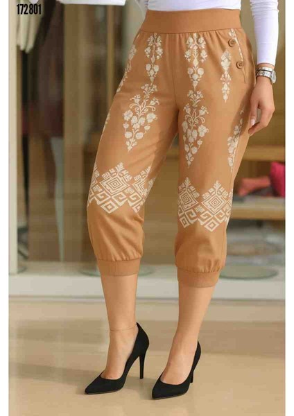 Kadın Beli Lastikli Etnik Desenli Kapri Süprem Pantolon, Kırmızı Gül Figürlü Kolye Hediye