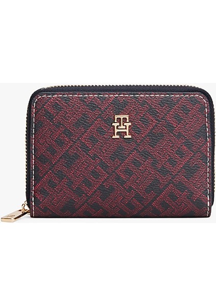 Kadın Fermuarlı Monogram Baskılı Kompakt Cüzdan - Bordo