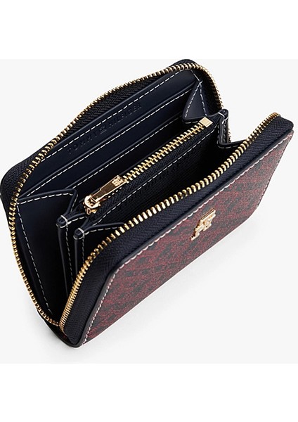 Kadın Fermuarlı Monogram Baskılı Kompakt Cüzdan - Bordo modelleri