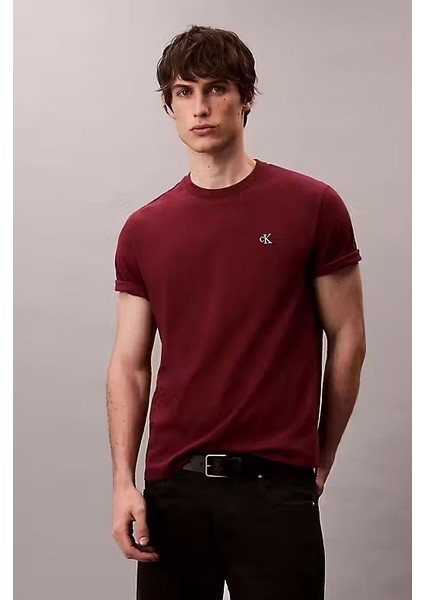 Erkek Regular Fit Monogram Nakışlı T-Shirt - Bordo