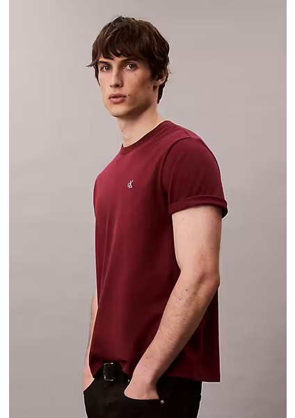Erkek Regular Fit Monogram Nakışlı T-Shirt - Bordo modelleri