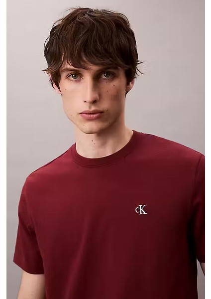 Erkek Regular Fit Monogram Nakışlı T-Shirt - Bordo indirimleri