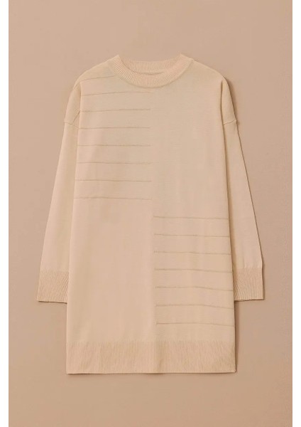 Kadın Çizgi Desen Detaylı Triko Tunik - Bej