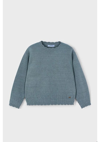 Kız Çocuk Ajur Detaylı Bisiklet Yaka Triko Kazak - Yeşil