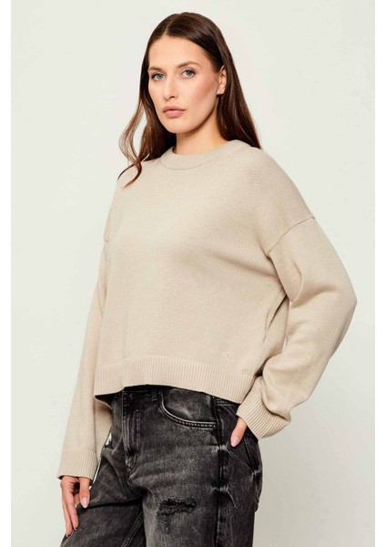 Kadın Bisiklet Yaka Regular Fit Kısa Kazak - Bej