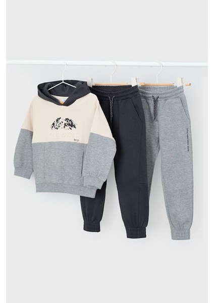 Erkek Çocuk Normal Kalıp 3 Parça Dağ Baskılı Eşofman Takımı - Gri