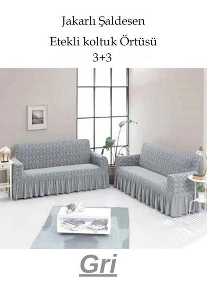 Şal Desen Jakarlı Koltuk, Kanepe, Çekyat Örtüsü, Likralı, Etekli, Koltuk Kılıfı 3+3 (Iki Adet)