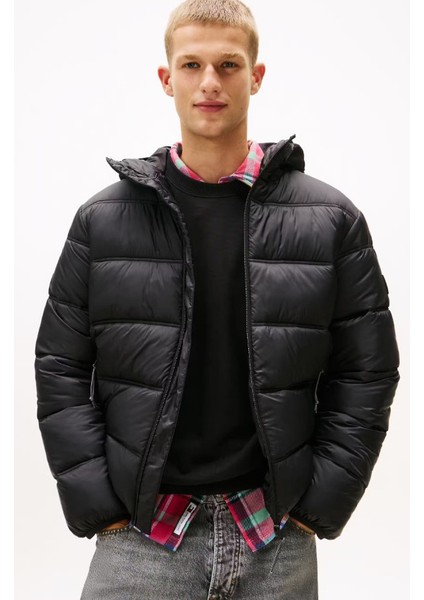Erkek Regular Fit Kapüşonlu Şişme Mont - Siyah