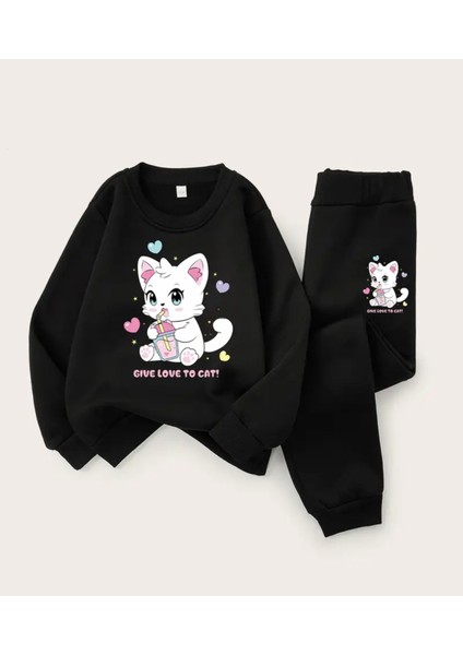 Kıds Face Özel Tasarım Üç Kalp Kedicik Baskılı %100 Pamuk Kışlık Kız Çocuk Eşofman Takımı