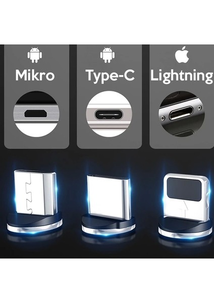 Ally 2m Magnetic-Miknatisli USB Sarj Kablosu 3 BASLIK(IPHONE+TYPE-C+MICRO-(5775) fiyatları