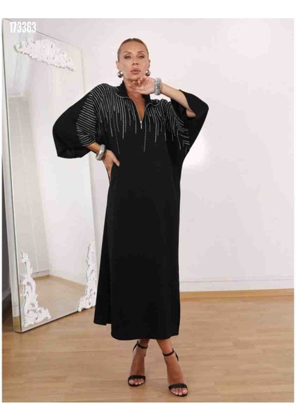 Kadın Hakim Yaka Fakir Kol Taş Detay Maxi Boy Salaş Elbise, Kırmızı Gül Figürlü Kolye Hediye