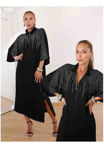 Kadın Hakim Yaka Fakir Kol Taş Detay Maxi Boy Salaş Elbise, Kırmızı Gül Figürlü Kolye Hediye modelleri