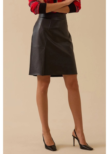 Kadın Yırtmaç Detaylı Suni Deri Etek - Siyah