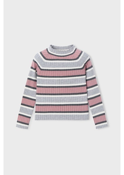 Kız Çocuk Dar Kalıp Yarım Balıkçı Yaka Çizgili Fitilli Triko Kazak - Çok Renkli