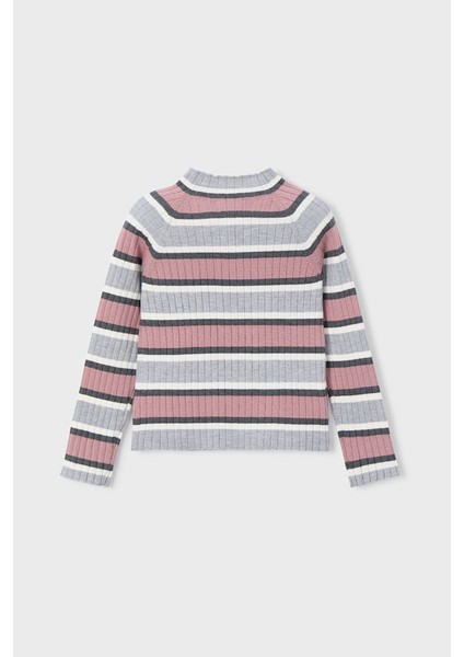 Kız Çocuk Dar Kalıp Yarım Balıkçı Yaka Çizgili Fitilli Triko Kazak - Çok Renkli fiyatları