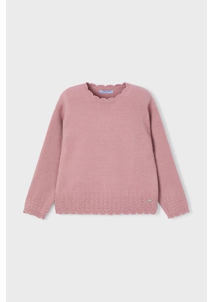 Kız Çocuk Normal Kalıp Fisto Yaka Ajurlu Triko Kazak - Gül Kurusu