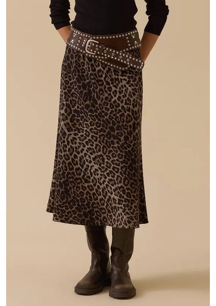 Kadın Leopar Desenli Düz Kesim Midi Etek - Kahverengi