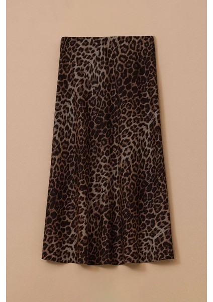 Kadın Leopar Desenli Düz Kesim Midi Etek - Kahverengi indirimleri