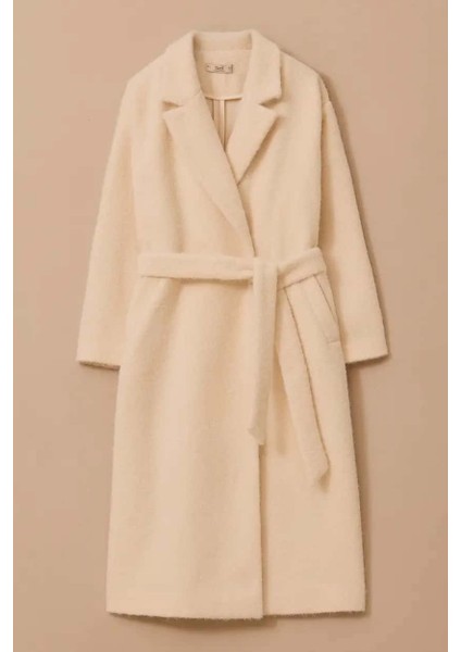 Kadın Kuşaklı Kruvaze Uzun Kaban - Ekru