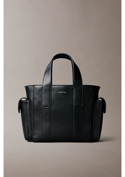 Kadın Yanları Cepli Çıkarılabilir Askılı Tote El Çanta - Siyah