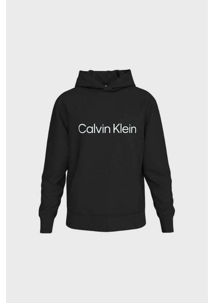 Erkek Regular Fit Logo Baskılı Kapüşonlu Kanguru Cepli Sweatshirt - Siyah