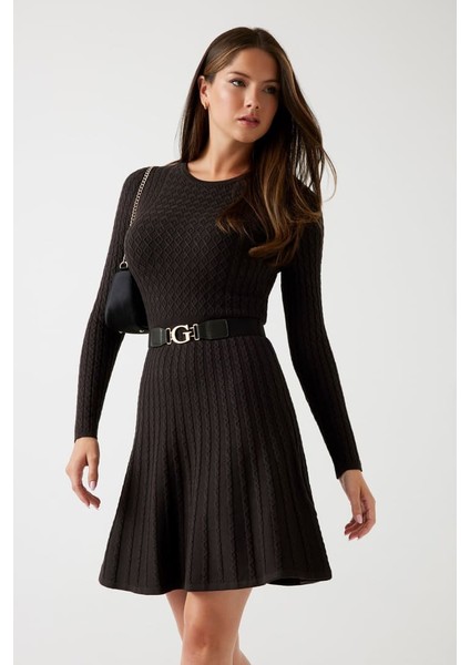 Kadın Halat Örgü Triko Elbise - Kahverengi