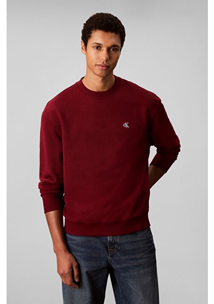 Erkek Regular Fit Monogram Nakışlı Sweatshirt - Bordo
