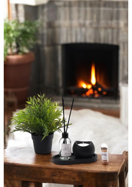 3’lü Oda Kokusu Seti – 100 ml Vanilya Oda Kokusu + Büyük Seramik Mum + Dekoratif Siyah Stand