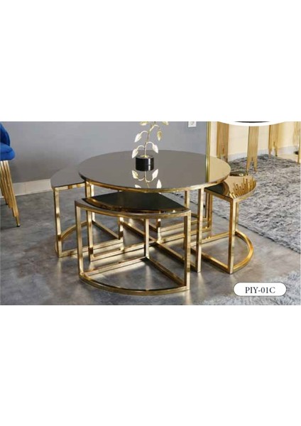 Mim Füme - Gold Yuvarlak 4+1 Pizza Orta Sehpa