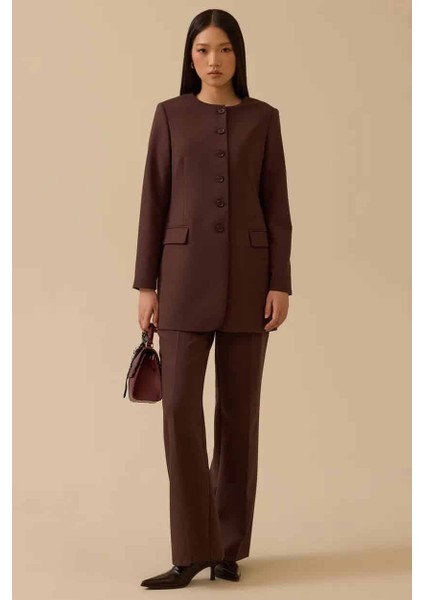 Kadın Yuvarlak Yaka Düğmeli Uzun Ceket - Kahverengi modelleri