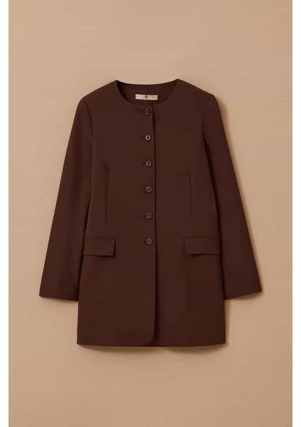 Kadın Yuvarlak Yaka Düğmeli Uzun Ceket - Kahverengi indirimleri