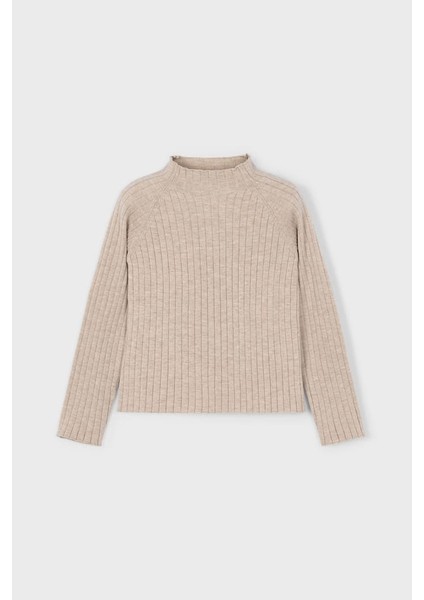 Kız Çocuk Fitilli Balıkçı Yaka Triko Kazak - Bej