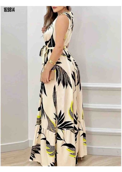 Kadın Sıfır Kol Bağcıklı Kemerli Etek Ucu Fırfırlı Desenli Süprem Elbise, Kırmızı Gül Figürlü Kolye Hediye fiyatları