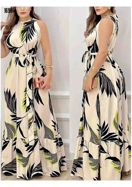 Kadın Sıfır Kol Bağcıklı Kemerli Etek Ucu Fırfırlı Desenli Süprem Elbise, Kırmızı Gül Figürlü Kolye Hediye fırsatları