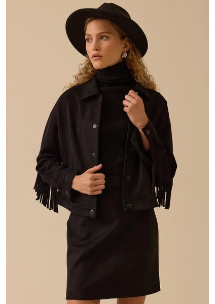 Kadın Püskül Detaylı Kısa Süet Ceket - Siyah fiyatları