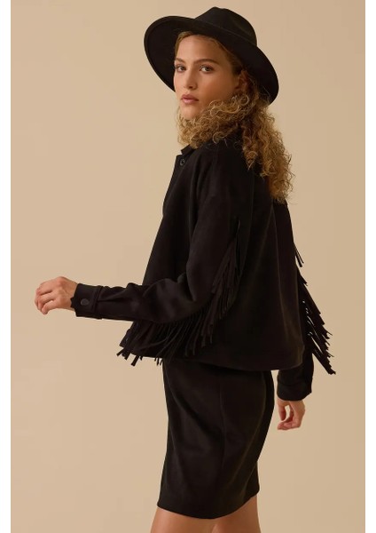 Kadın Püskül Detaylı Kısa Süet Ceket - Siyah modelleri