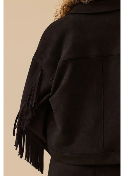 Kadın Püskül Detaylı Kısa Süet Ceket - Siyah fırsatları