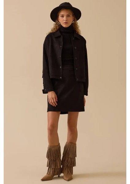 Kadın Püskül Detaylı Kısa Süet Ceket - Siyah indirimleri