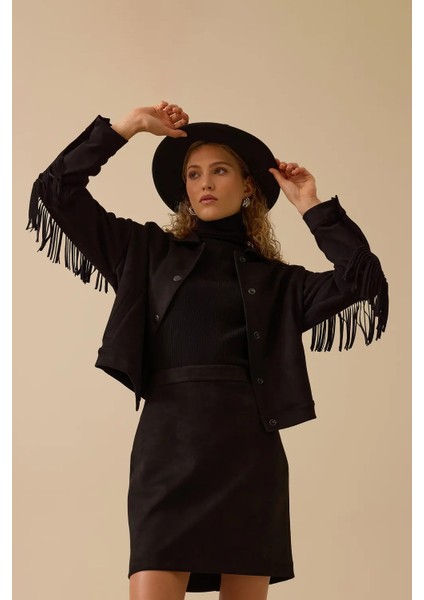 Kadın Püskül Detaylı Kısa Süet Ceket - Siyah