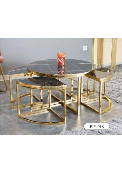 Mim Siyah Mermer - Gold Yuvarlak 4+1 Pizza Orta Sehpa