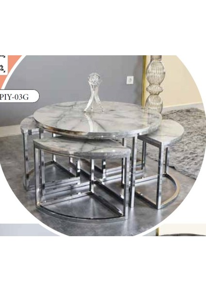 Mim Mermer - Gümüş Yuvarlak 4+1 Pizza Orta Sehpa