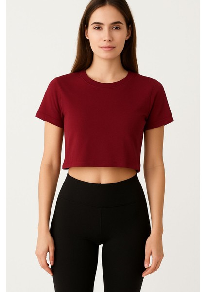 Slim Fit Bisiklet Yaka Likralı Kısa Kol Süprem Kumaş Crop Bordo