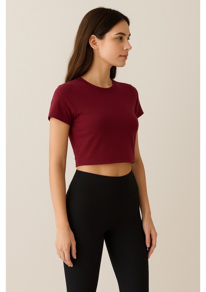 Slim Fit Bisiklet Yaka Likralı Kısa Kol Süprem Kumaş Crop Bordo fiyatları