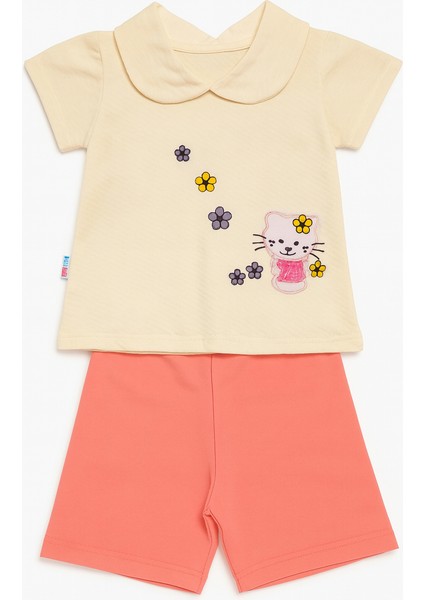 Polo Yaka Kedi Desenli Şort Tişört 2'li Takım