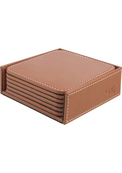 Bardak Altlığı,6’lı Set,masaüstü Kare Cup Coaster,vegan Suni DERI,11X11 Cm.,taba