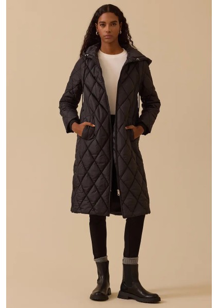 Kapüşonlu Uzun Kapitone Anorak Kaban - Siyah