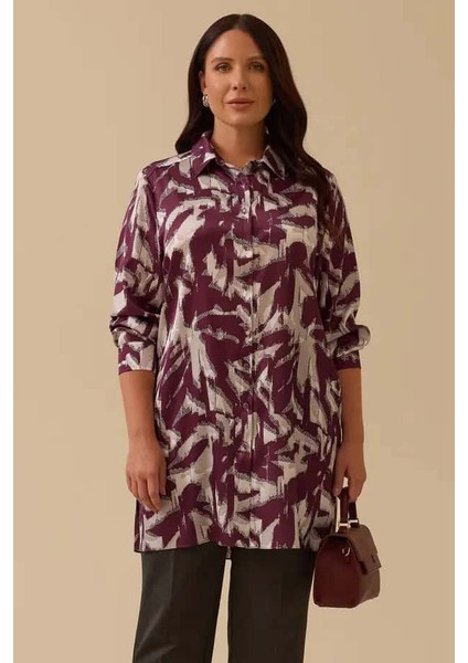 Kadın Büyük Beden Desenli Gömlek Tunik - Mürdüm