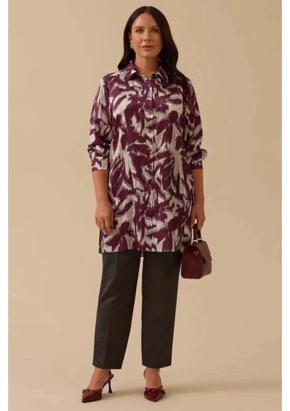 Kadın Büyük Beden Desenli Gömlek Tunik - Mürdüm modelleri